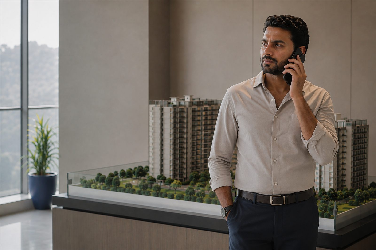 A sales head taking a call in a project sales office in Dehradun