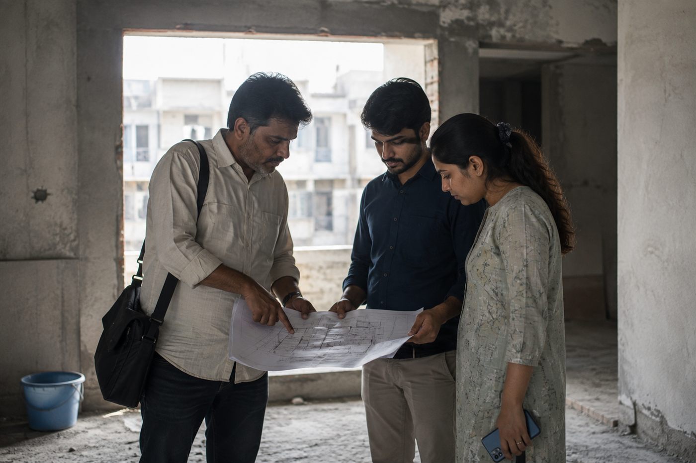 A broker showing a couple a floor plan in an unfinished apartment