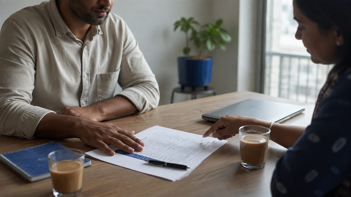 Two people agreeing figures over a printed report